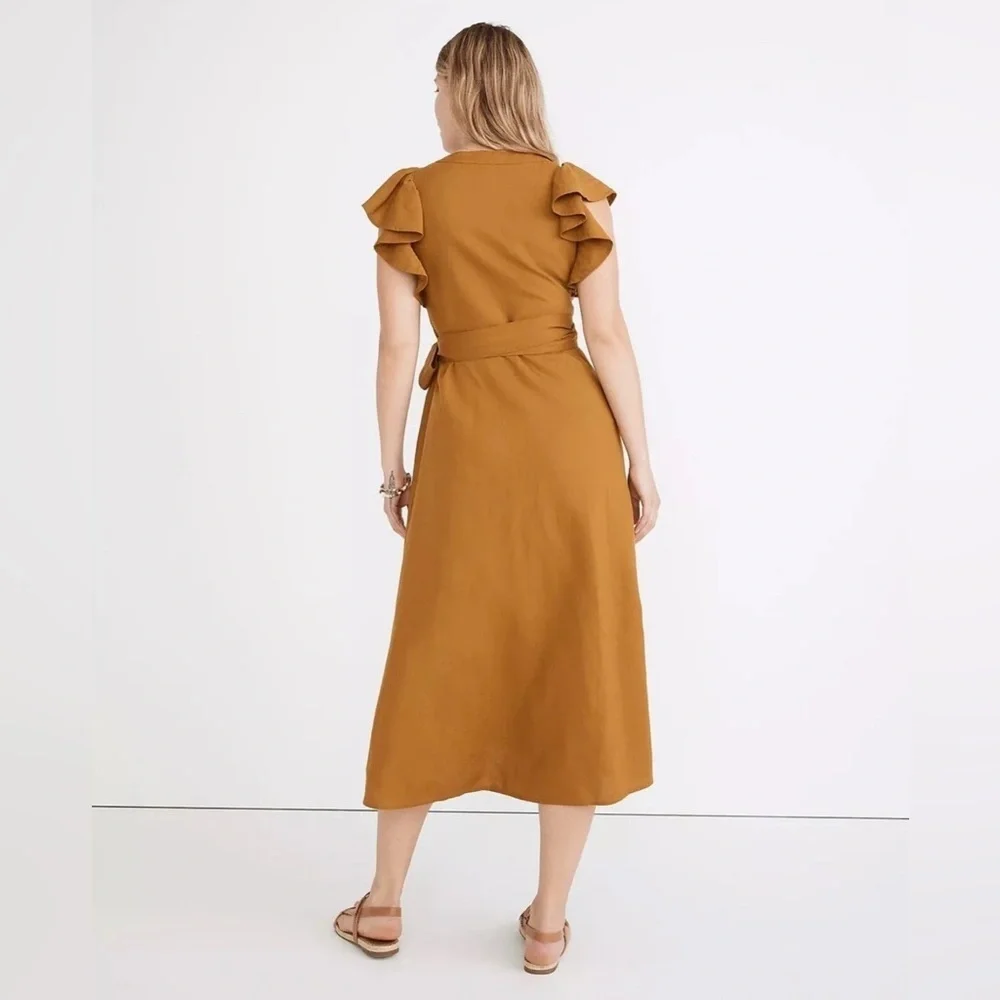Madewell Linen-Blend Ruffle-Sleeve Wrap Midi Dress, Size S